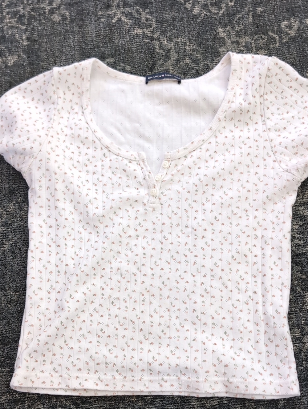 Brandy Melville White Ribbed Short Sleeve Top with Pink Floral Print